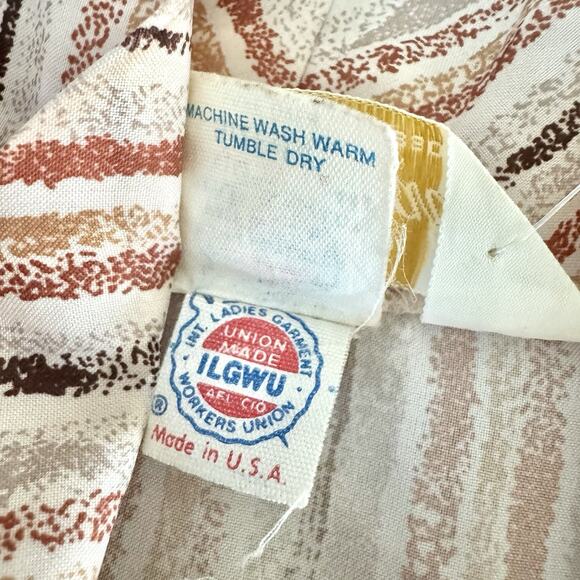 70s Lynn Davis Sz 14 Rust Red Midi Dress Tie Neck Striped Secretary Boho Retro - Picture 7 of 16